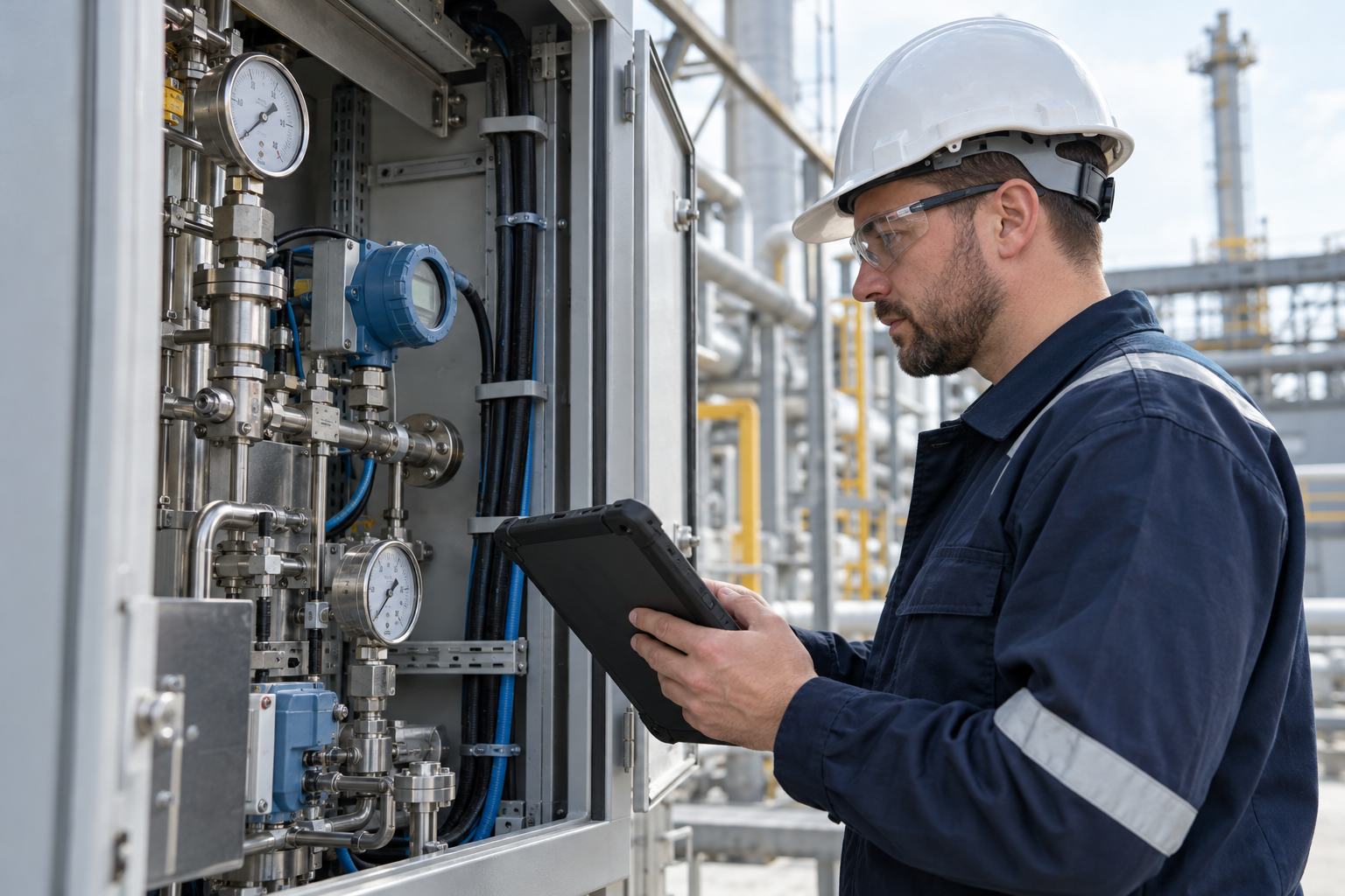 Imagen ilustrativa: Técnico con tablet revisando instrumentación y equipos industriales